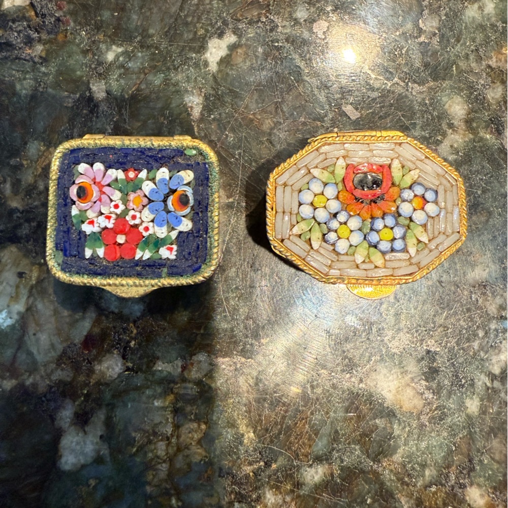 2 Gorgeous Antique Micro Mosaic Blue with Flowers Floral Greece Trinket Pill Box